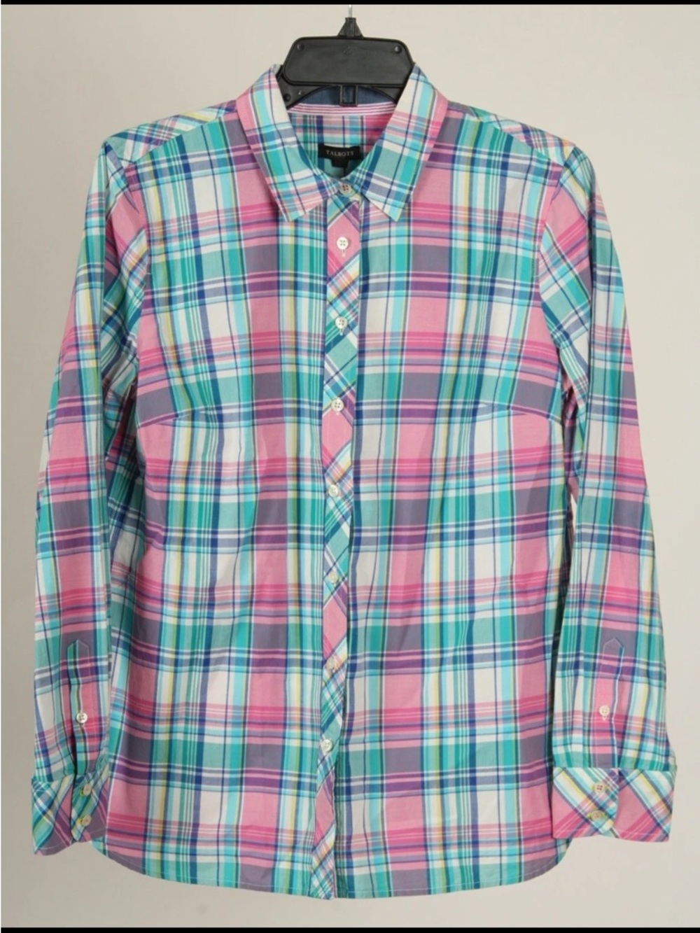 Talbots Shirt Women’s Medium Pink Blue Plaid Button Up 100% Cotton Knit